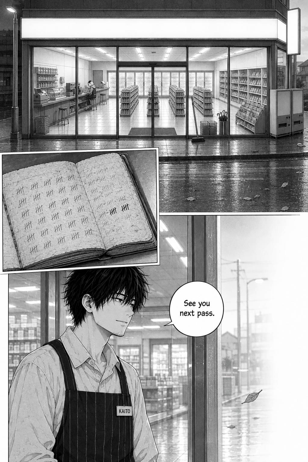 Kaito stands by the glass entrance of a brightly lit convenience store, with a tally-marked open book inset above him and a wet, nearly empty street outside.