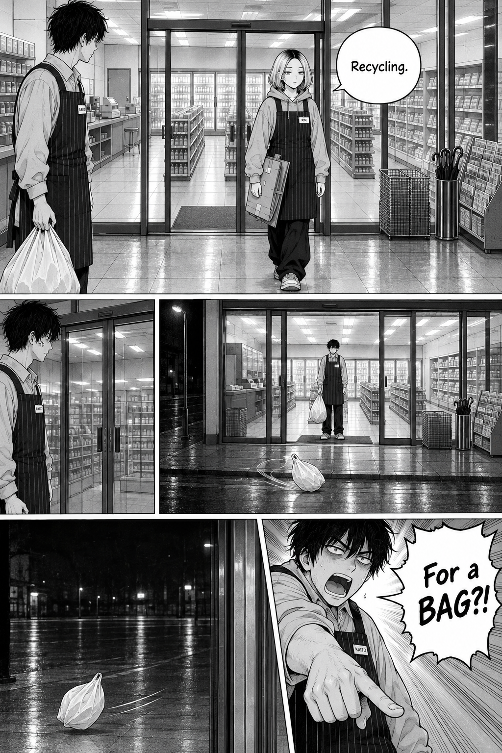 A young woman in a striped store apron walks through the entrance carrying a flat item as a messy-haired clerk holds a plastic bag, then the clerk stares at a bag lying outside and points at it in alarm.