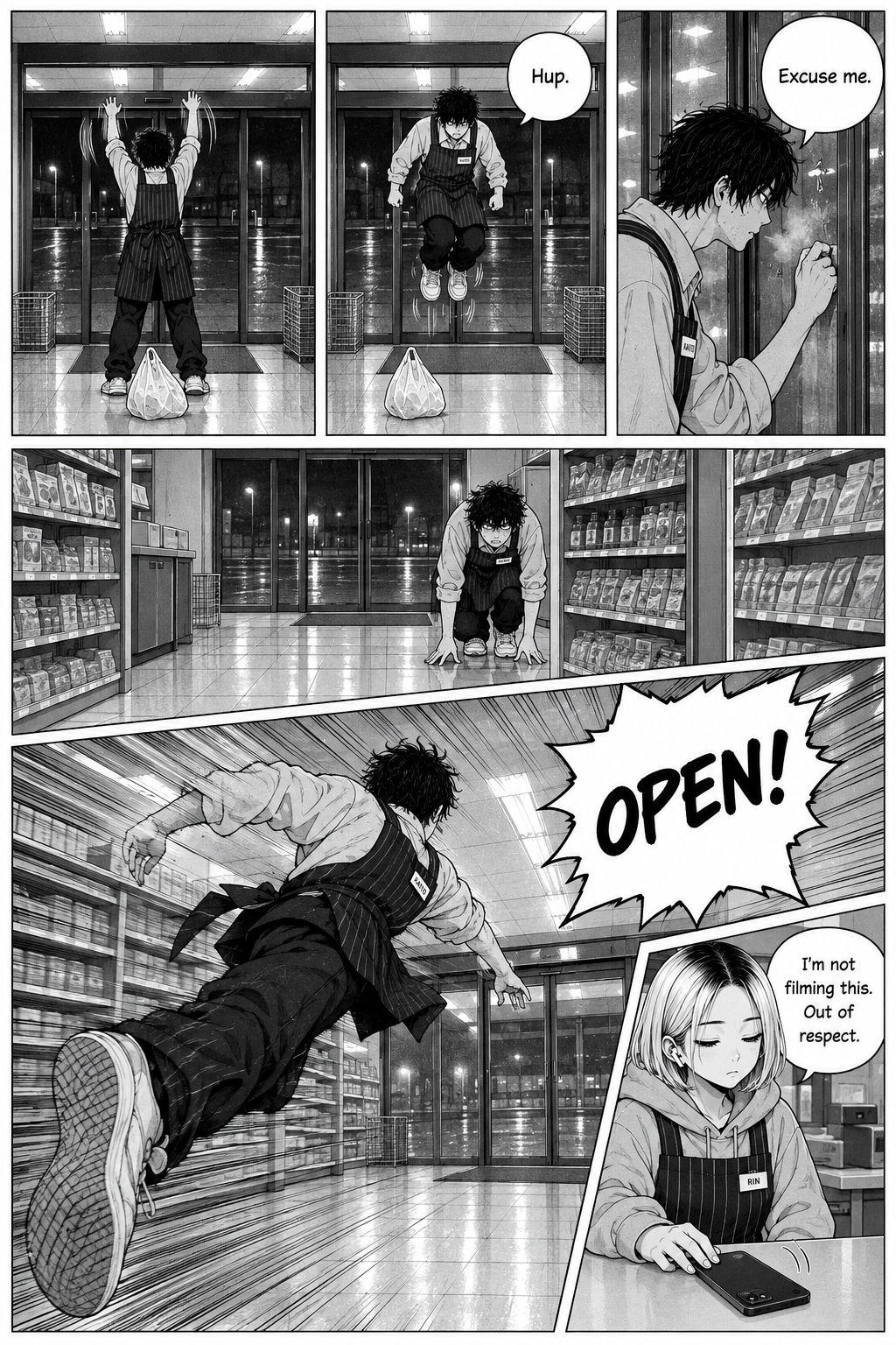 Kaito raises his arms by the store’s glass doors, jumps, knocks, crouches, then lunges across the shop floor shouting “OPEN!” while Rin sits at the counter with her phone.