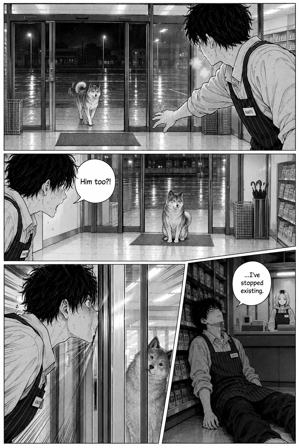 Kaito reaches toward a small fluffy dog at the rainy store entrance, then watches it sit on the mat before slumping against a shelf while a woman stands behind the counter.