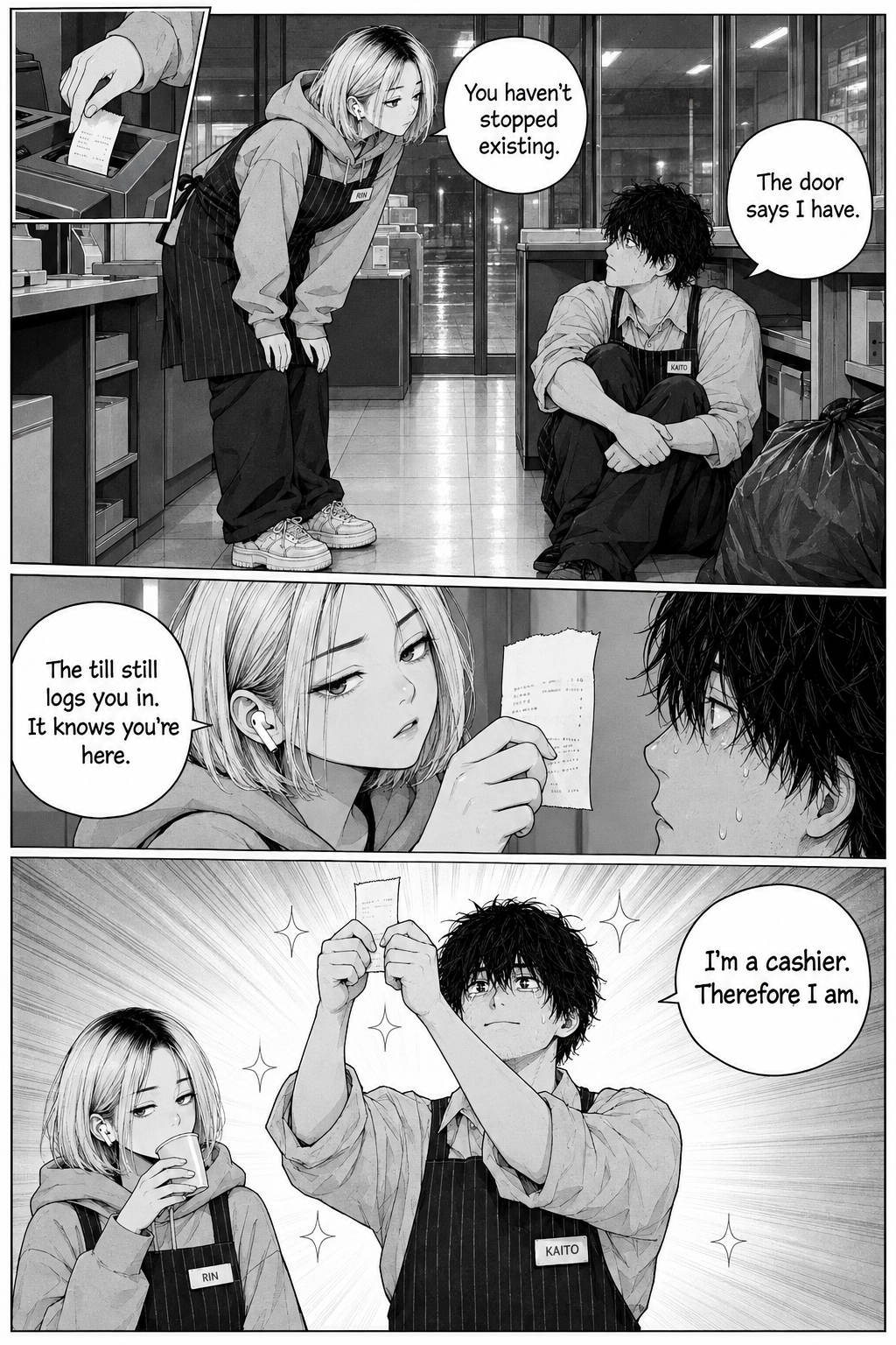 Rin stands over Kaito, who sits on the store floor, and later holds a receipt aloft while Rin drinks from a cup.