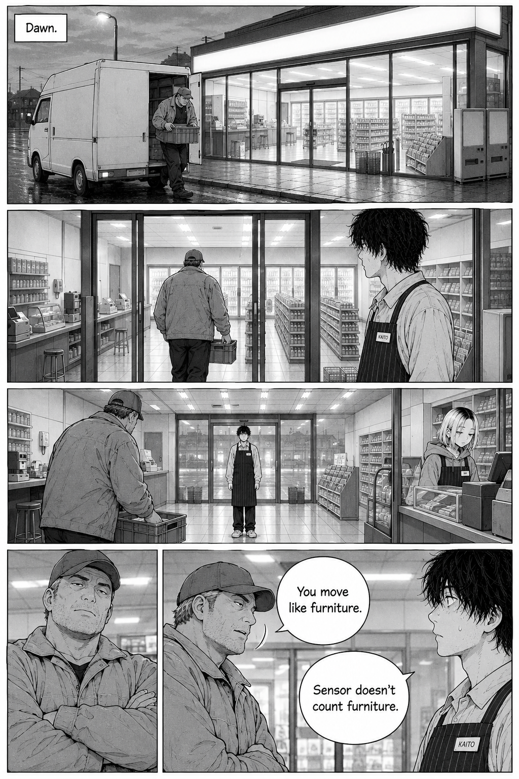 At dawn, a capped delivery man carries a crate into the convenience store while Kaito stands motionless inside and a light-haired clerk works at the counter.
