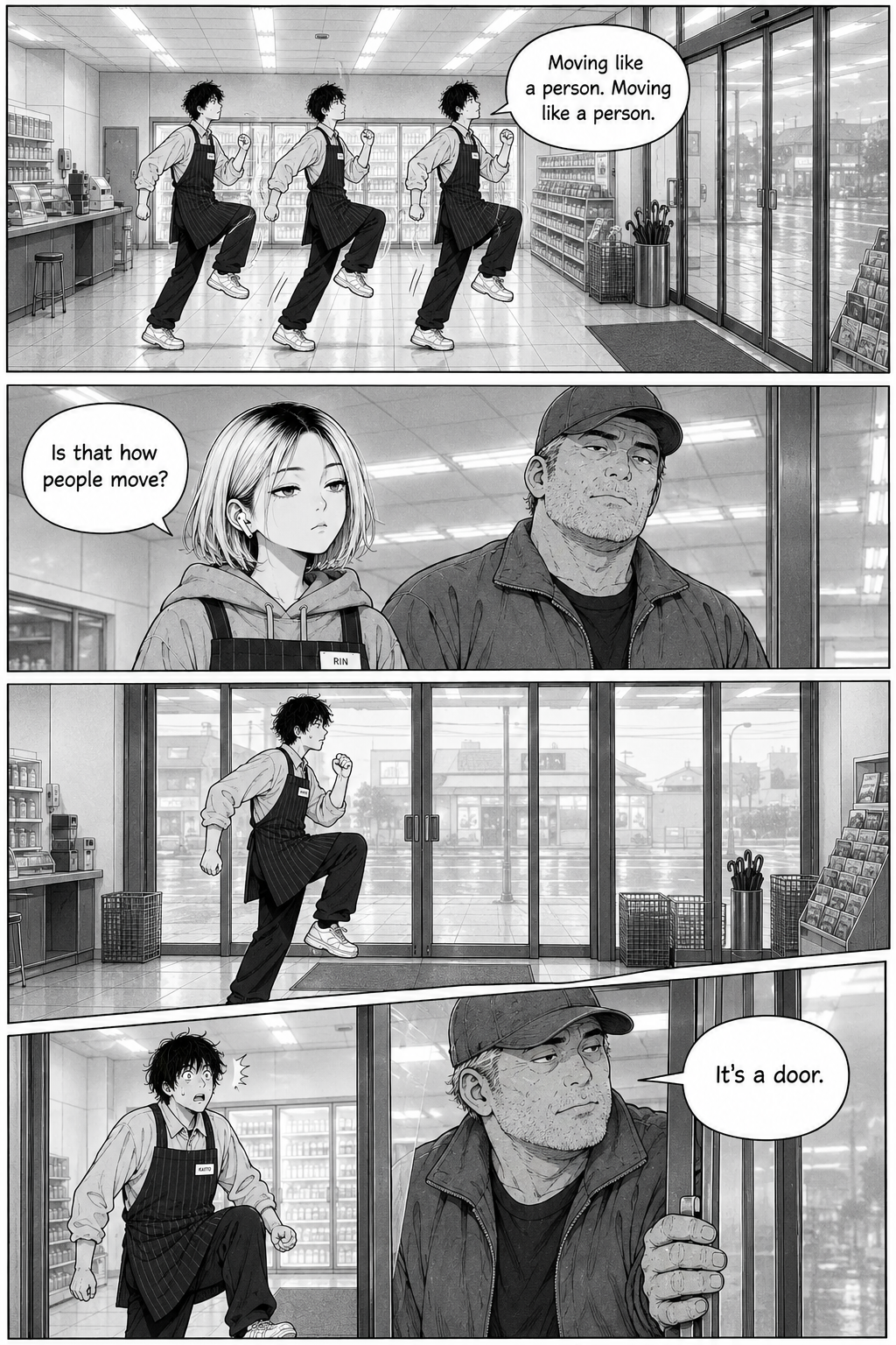 Kaito repeatedly marches with exaggerated high knees through the store while Rin watches beside a broad man in a cap, who later holds open the glass door.